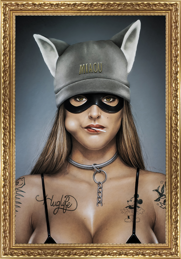 Miaou portrait by Alexandre Granger featuring contemporary urban artistic style, capturing feminine power with dramatic composition.