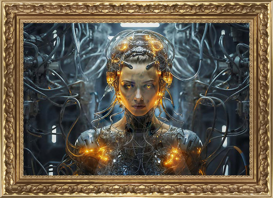 Surreal portrait of a woman fused with technology, cables and futuristic lights, contemporary art by Alexandre Granger, modern and digital style.