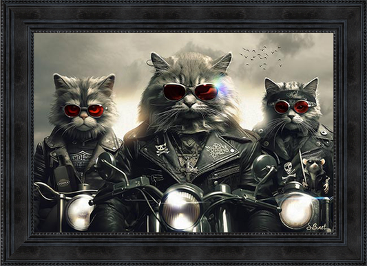 Chats Motos painting by Sylvain Binet featuring adventurous cats on motorcycles, rendered in contemporary artistic style with urban edge and playful character design.