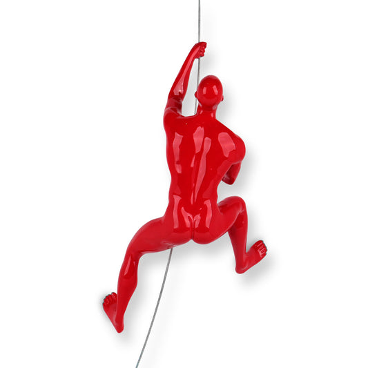 Red  climber sculpture in resin, wall-mounted with steel cable, capturing dynamic rock climbing adventure with passionate red finish.