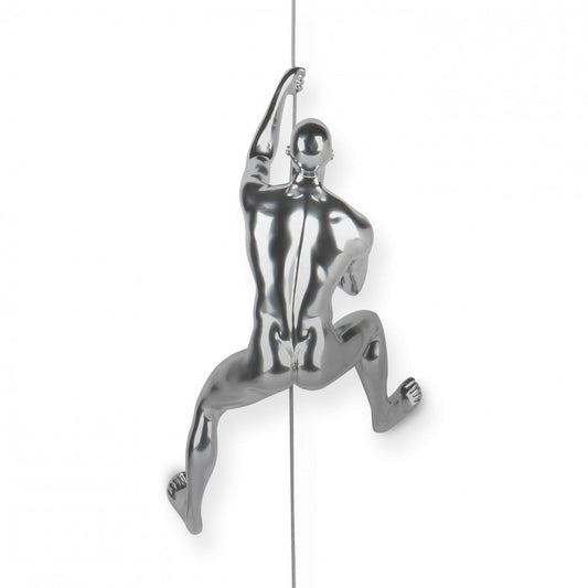 Silver lacquered climber sculpture in resin, wall-mounted with steel cable, capturing dynamic rock climbing adventure with elegant metallic finish.