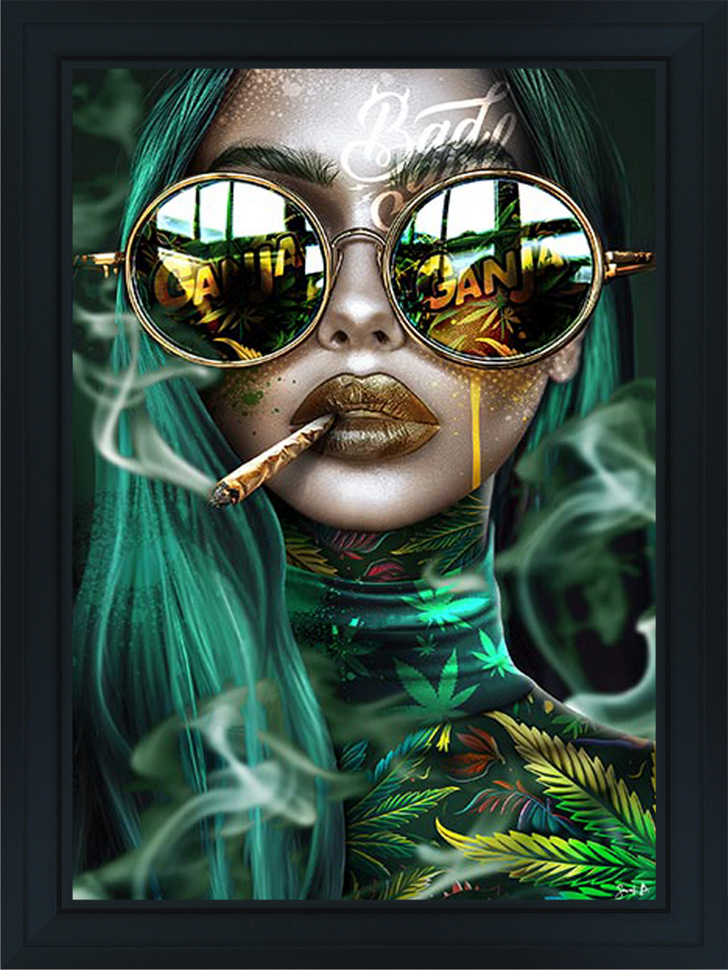 Ganja Doll painting by Sarah B – Contemporary pop art featuring stylish urban female portrait, ideal for interior decoration and modern art collectors.