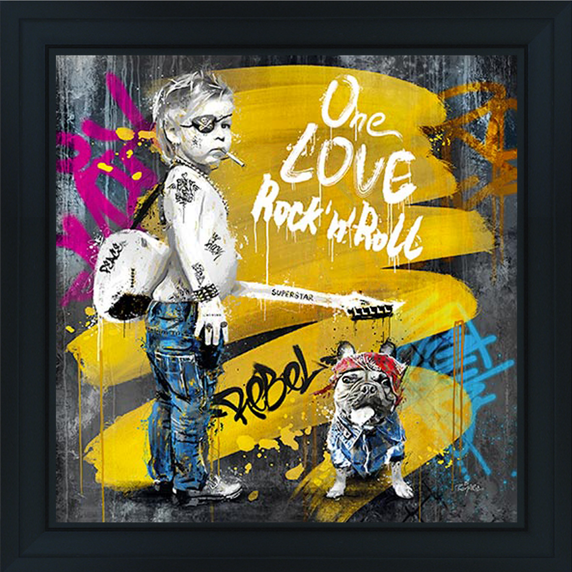 Le Petit Rockeur et son Chien watercolor painting by Romaric featuring a young rock musician with his dog, rendered in lively brushstrokes capturing youthful energy and musical passion in contemporary artistic style.