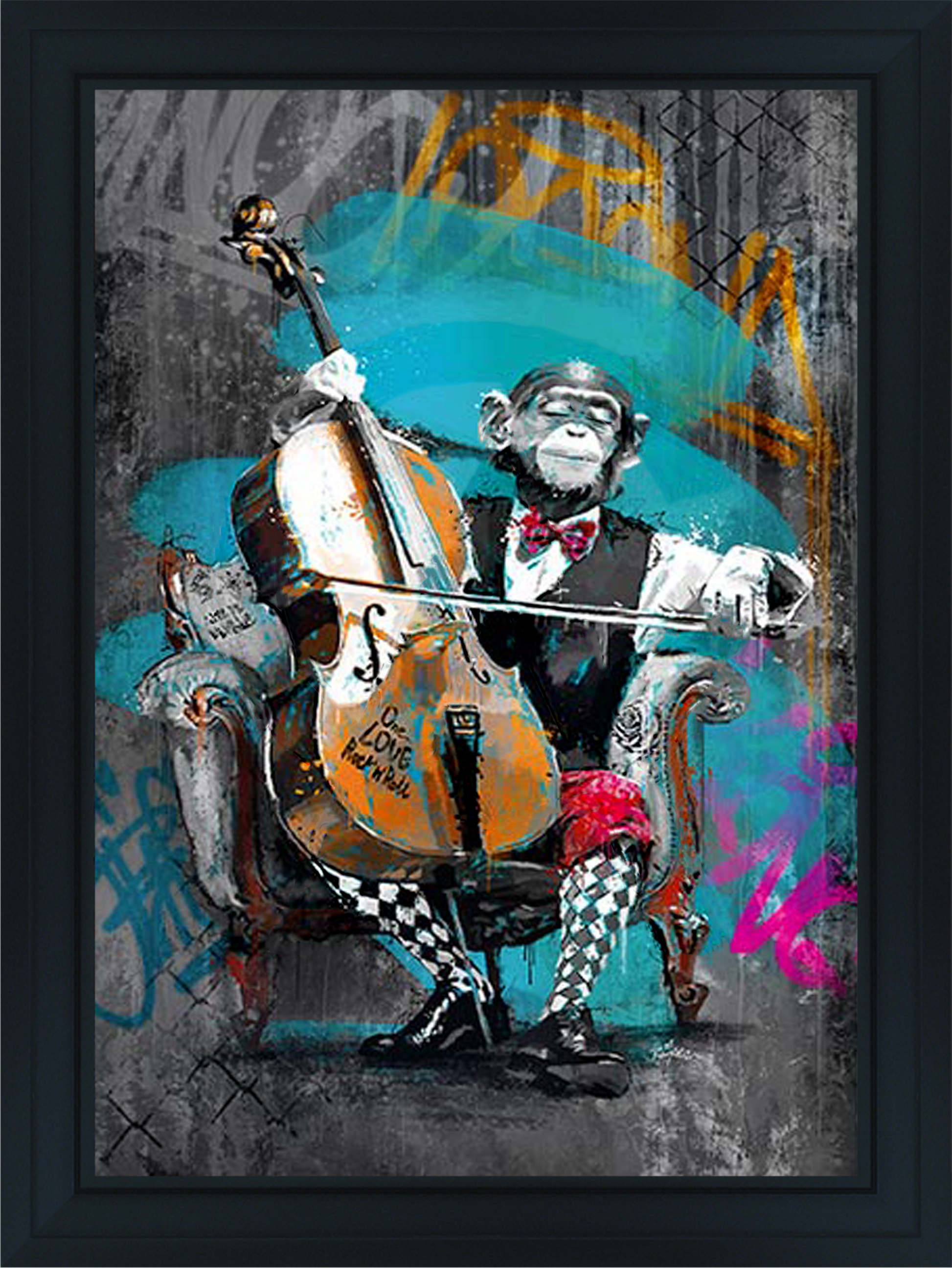 Le Singe Violoncelliste watercolor painting by Romaric featuring a charming monkey playing the cello, rendered in expressive brushstrokes combining whimsy and musical artistry in contemporary style.