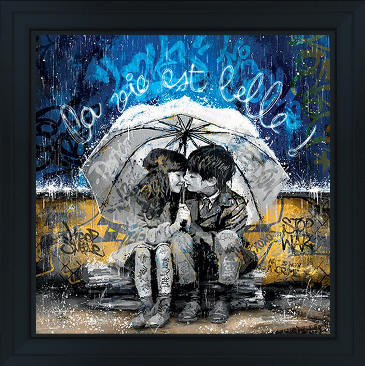 Les Amoureux sous la Pluie watercolor painting by Romaric featuring lovers sharing an umbrella in the rain, rendered in gentle brushstrokes capturing romantic intimacy and rainy day atmosphere in contemporary artistic style.