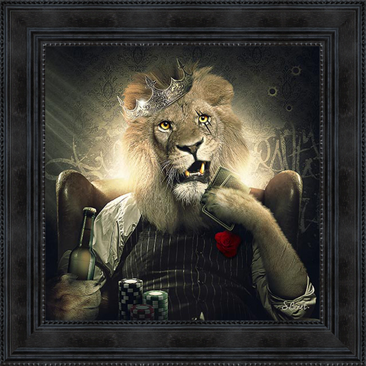 Lion Casino painting by Sylvain Binet featuring a sophisticated lion character in casino attire, rendered in contemporary artistic style blending wildlife with gaming culture.