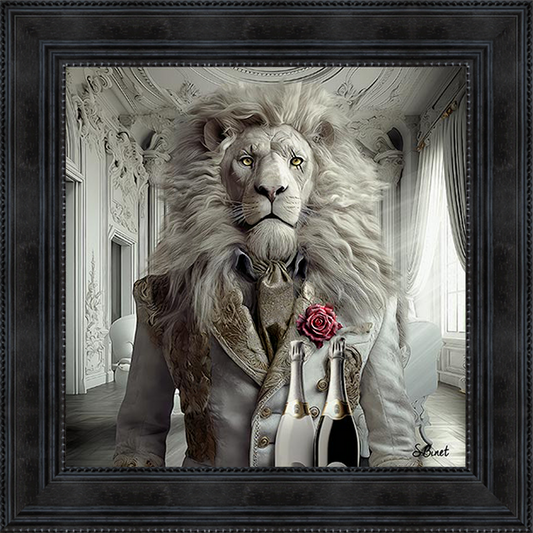 Lion Luxury painting by Sylvain Binet featuring a sophisticated lion character in urban fashion style, rendered in contemporary artistic style blending wildlife with modern luxury.