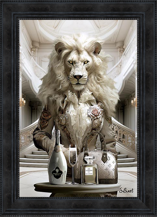 Lionne Luxury painting by Sylvain Binet featuring a stylish lioness character with urban fashion elements, rendered in contemporary artistic style blending wildlife with modern sophistication.