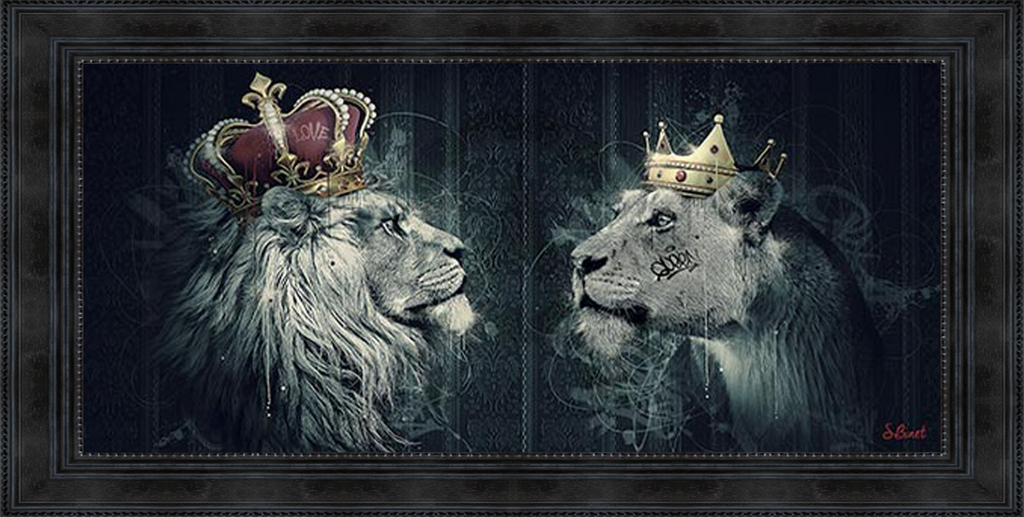 Lions Couronnes painting by Sylvain Binet featuring crowned lion characters, rendered in contemporary artistic style blending royal elements with urban wildlife art.