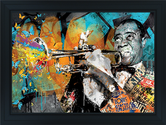 Louis Armstrong watercolor portrait by Romaric featuring the legendary jazz musician with his iconic smile and trumpet, rendered in vibrant colors and expressive brushstrokes capturing the spirit of jazz.