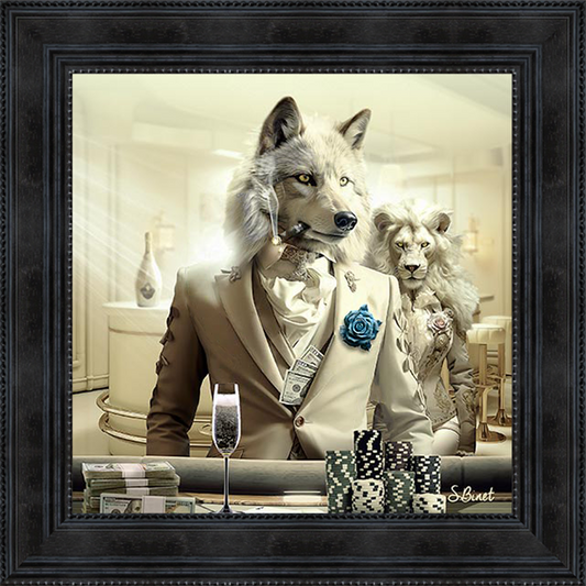 Loup Luxury painting by Sylvain Binet featuring a sophisticated wolf character in urban fashion style, rendered in contemporary artistic style blending wildlife with modern luxury.