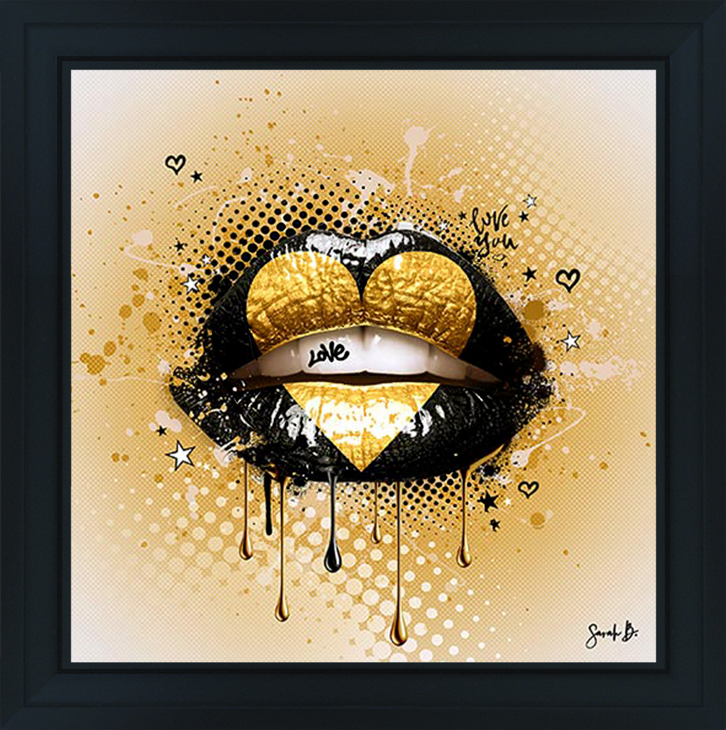 Love Gold painting by Sarah B – Contemporary pop art featuring golden love symbol, ideal for interior decoration and modern art collectors.