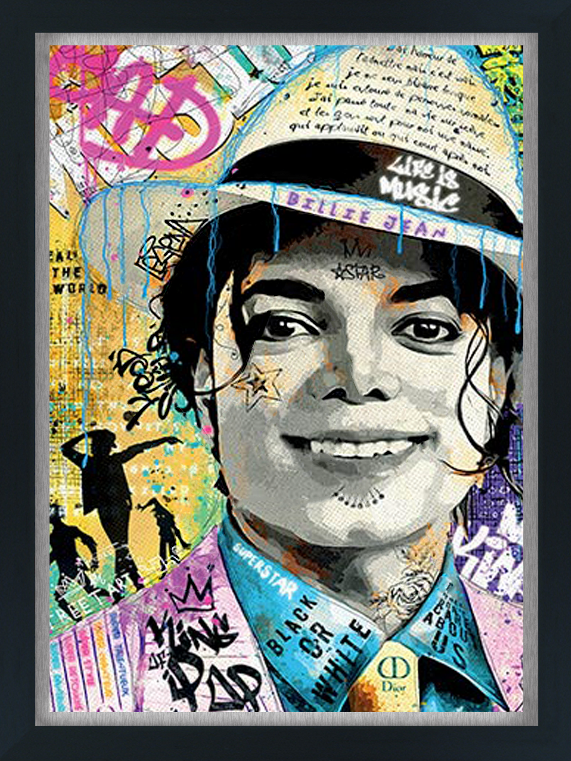 Michael Jackson watercolor painting by Romaric featuring the King of Pop in performance, rendered in flowing brushstrokes capturing iconic movement and stage presence in contemporary artistic style.