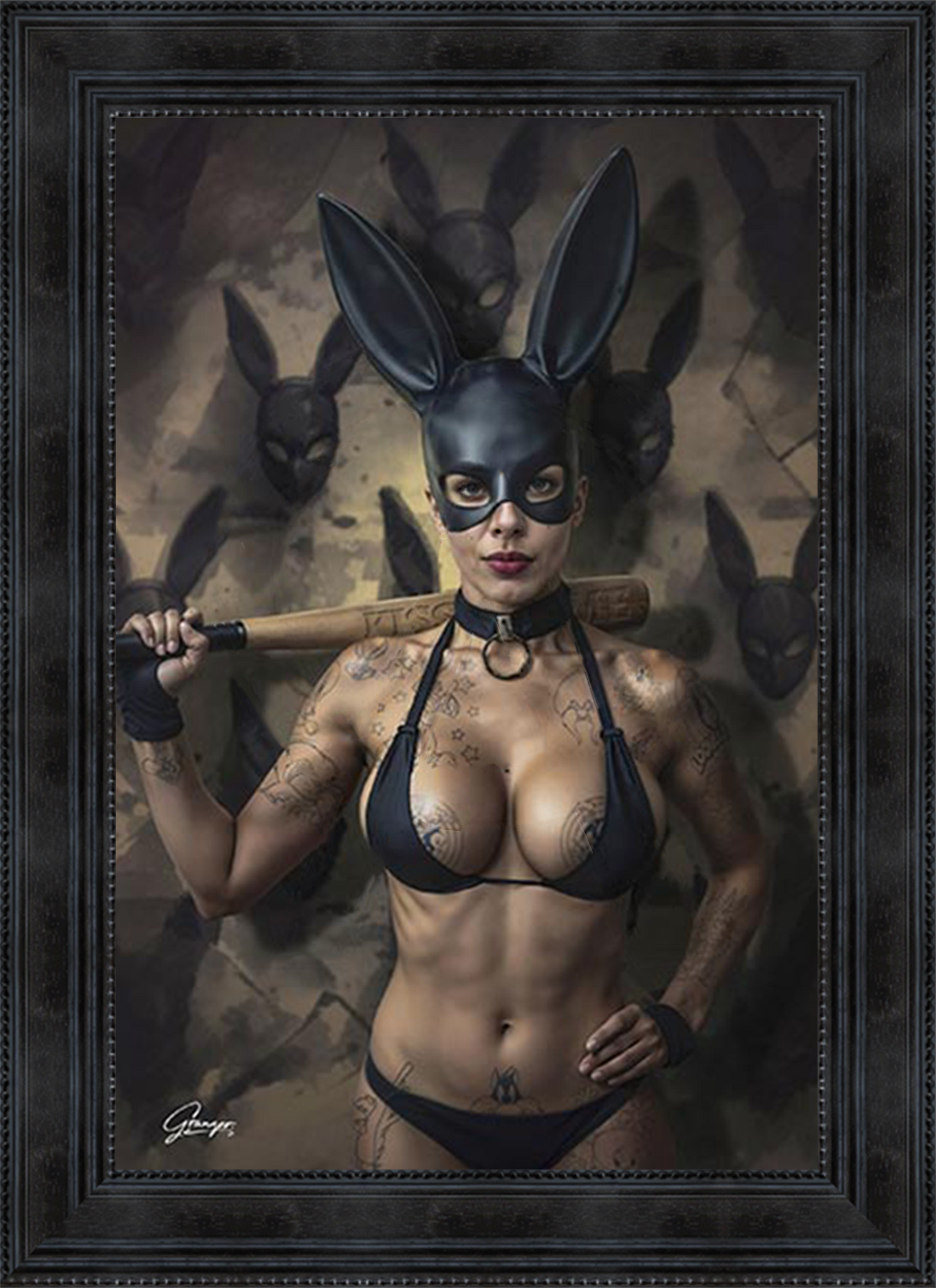 Contemporary art Miss Rabbit by Alexandre Granger, woman with rabbit mask and bat, modern surrealist style.