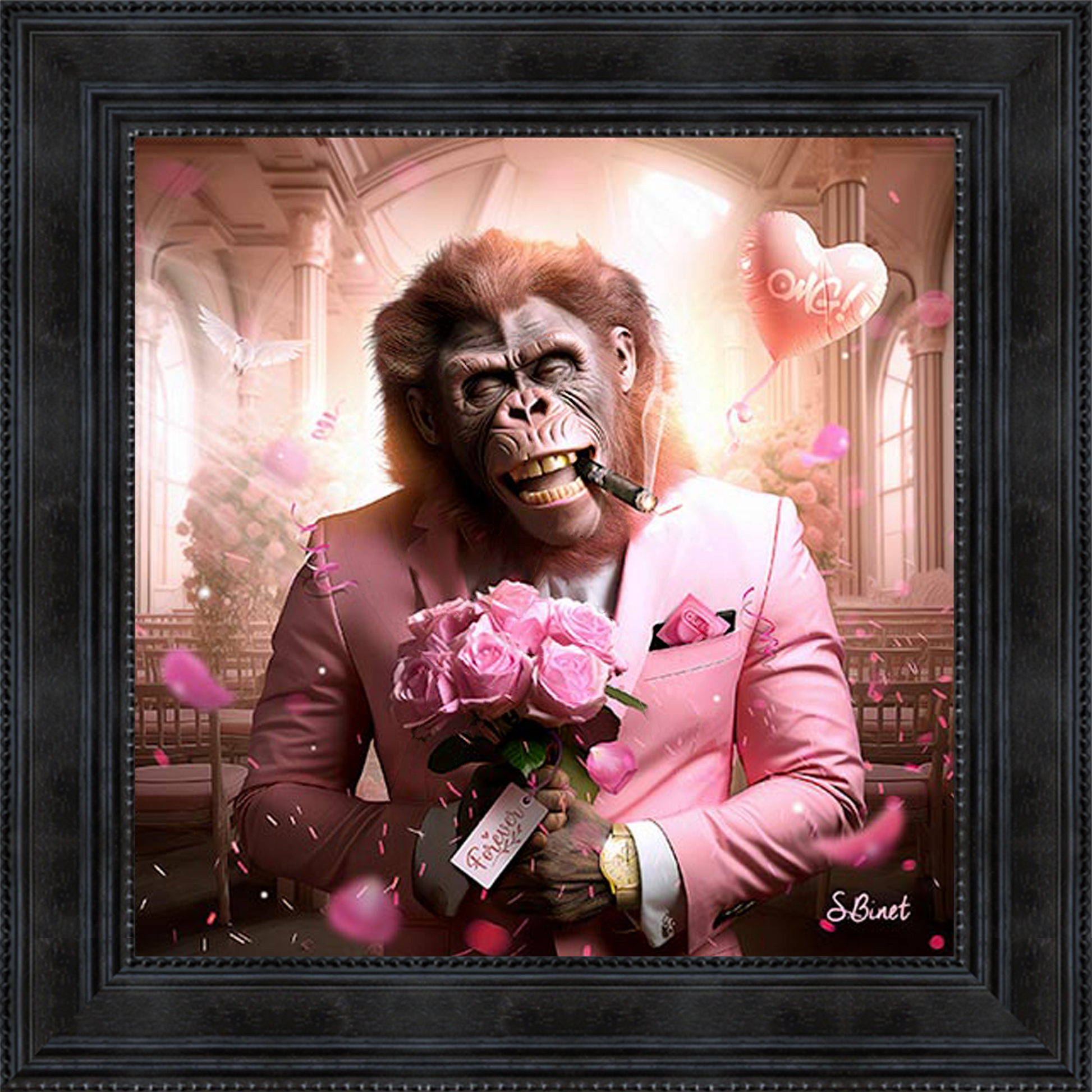 Monkey Love painting by Sylvain Binet featuring a romantic monkey couple in contemporary artistic style, blending tender emotion with playful character design.