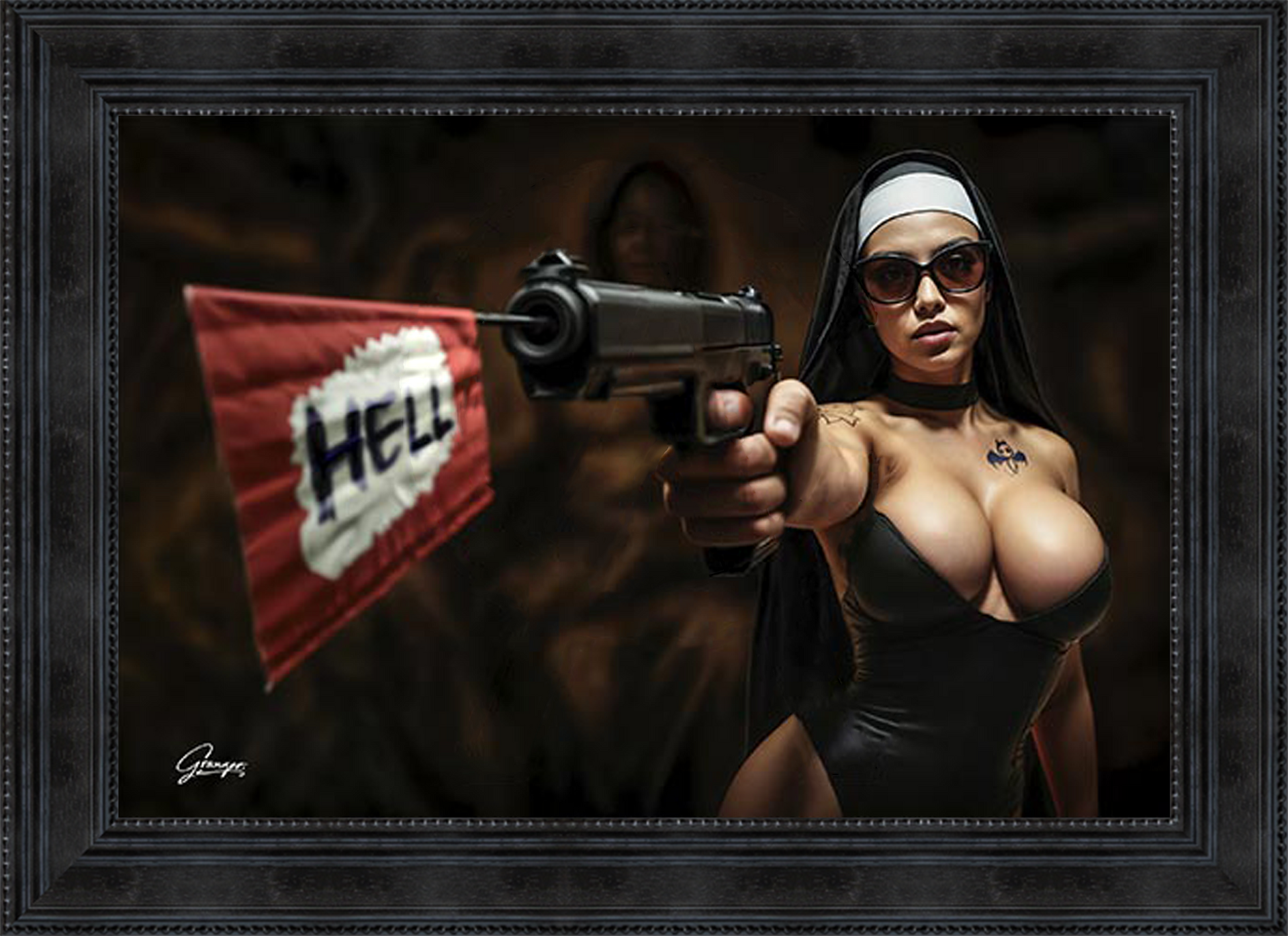 A provocative contemporary artwork by Alexandre Granger, featuring a bold interpretation of a nun holding a gun with a "HELL" flag. The piece blends cinematic aesthetics with edgy symbolism, creating a striking visual impact.