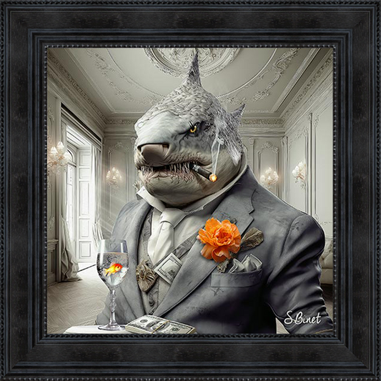 Requin Luxury painting by Sylvain Binet featuring a sophisticated shark character in urban fashion style, rendered in contemporary artistic style blending marine life with modern luxury.