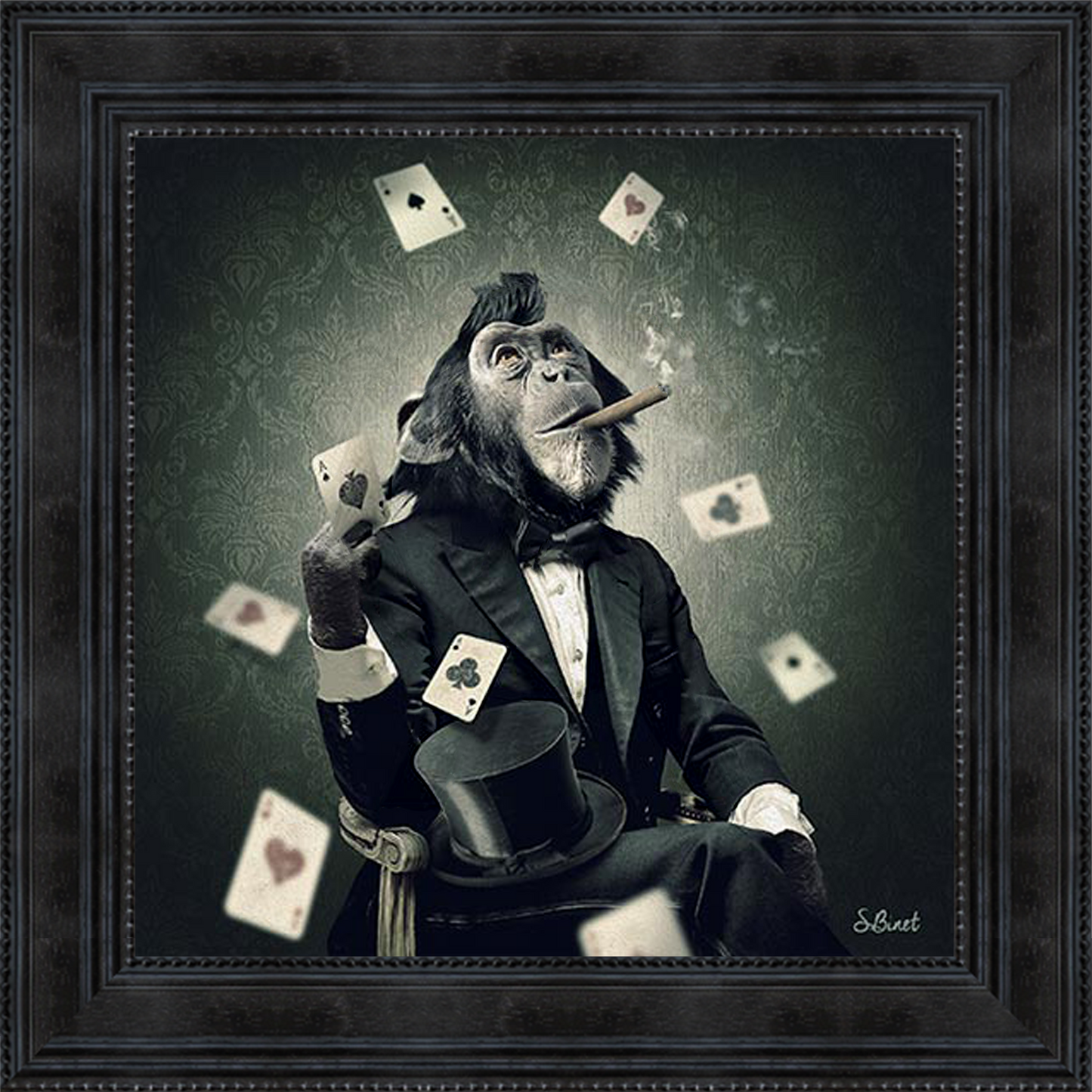 Singe Poker painting by Sylvain Binet featuring a stylish monkey character playing poker, rendered in contemporary artistic style blending casino culture with playful animal art.