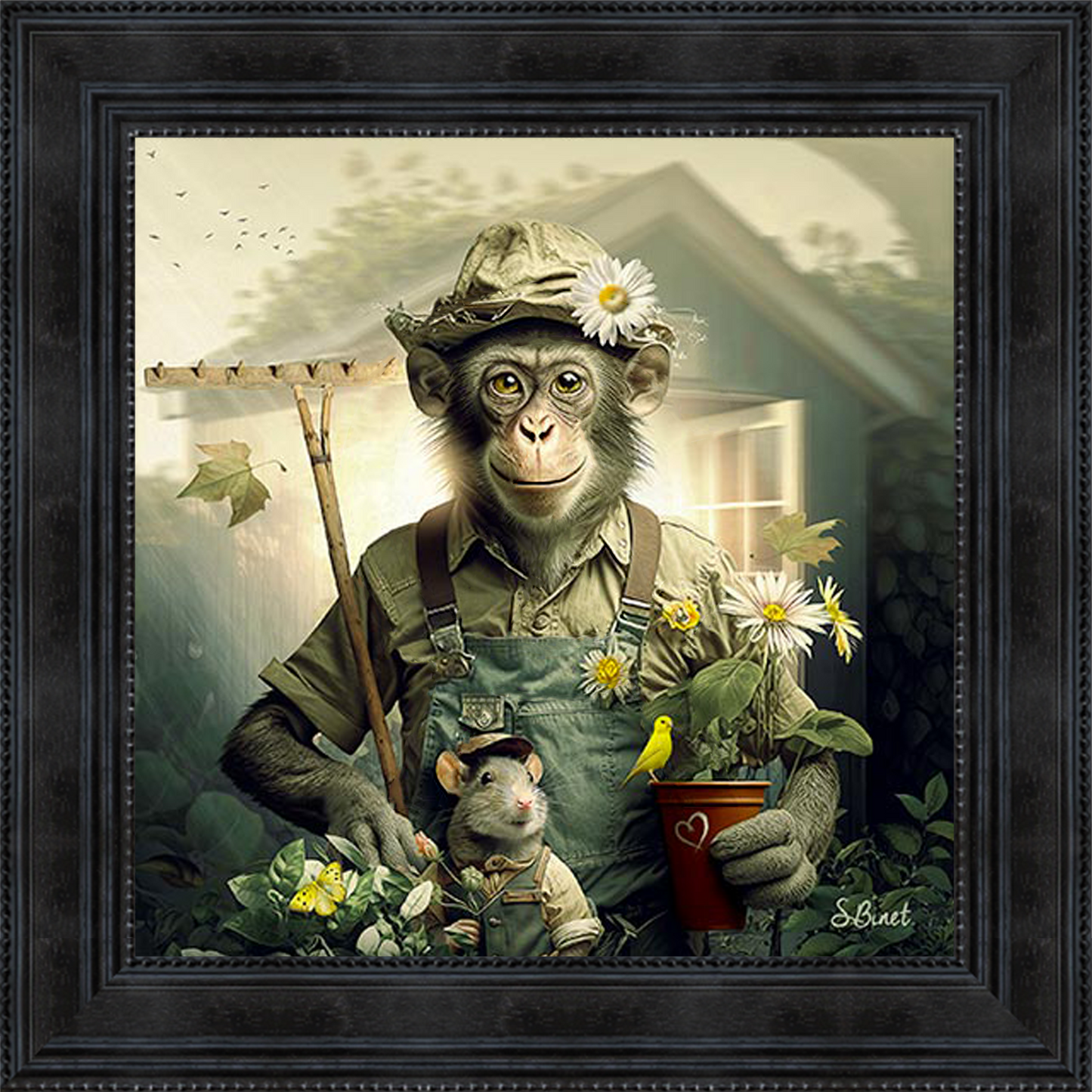 Singe Jardinier painting by Sylvain Binet featuring a charming monkey gardener character, rendered in contemporary artistic style blending nature themes with playful character design.