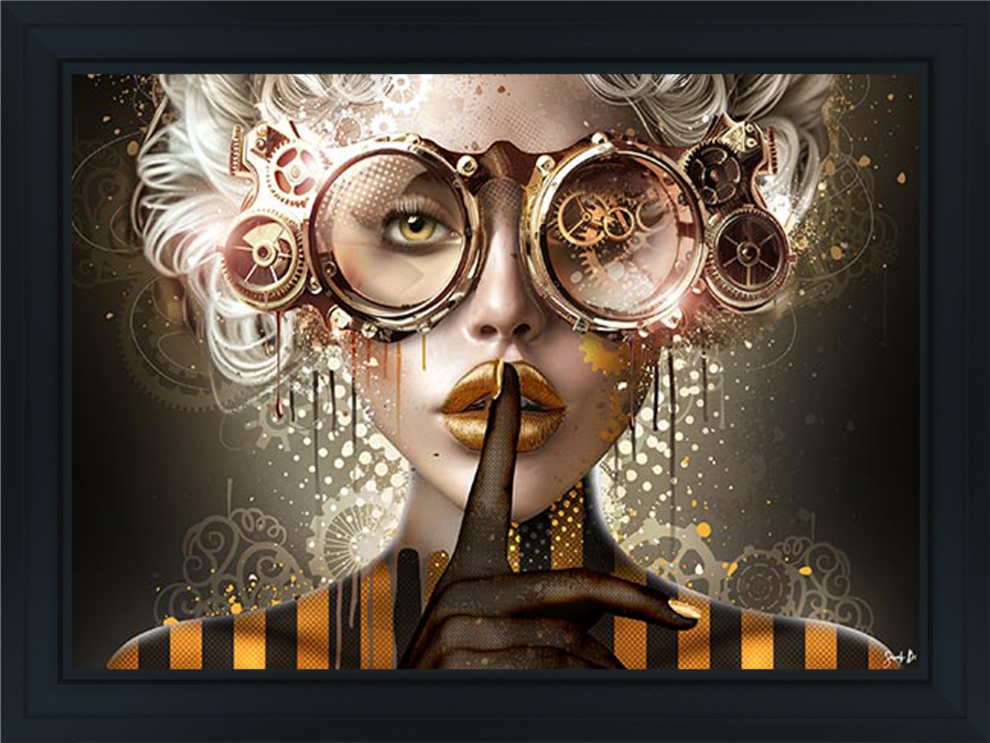 Steam Gold painting by Sarah B – Contemporary pop art featuring golden steampunk character design, ideal for interior decoration and modern art collectors.