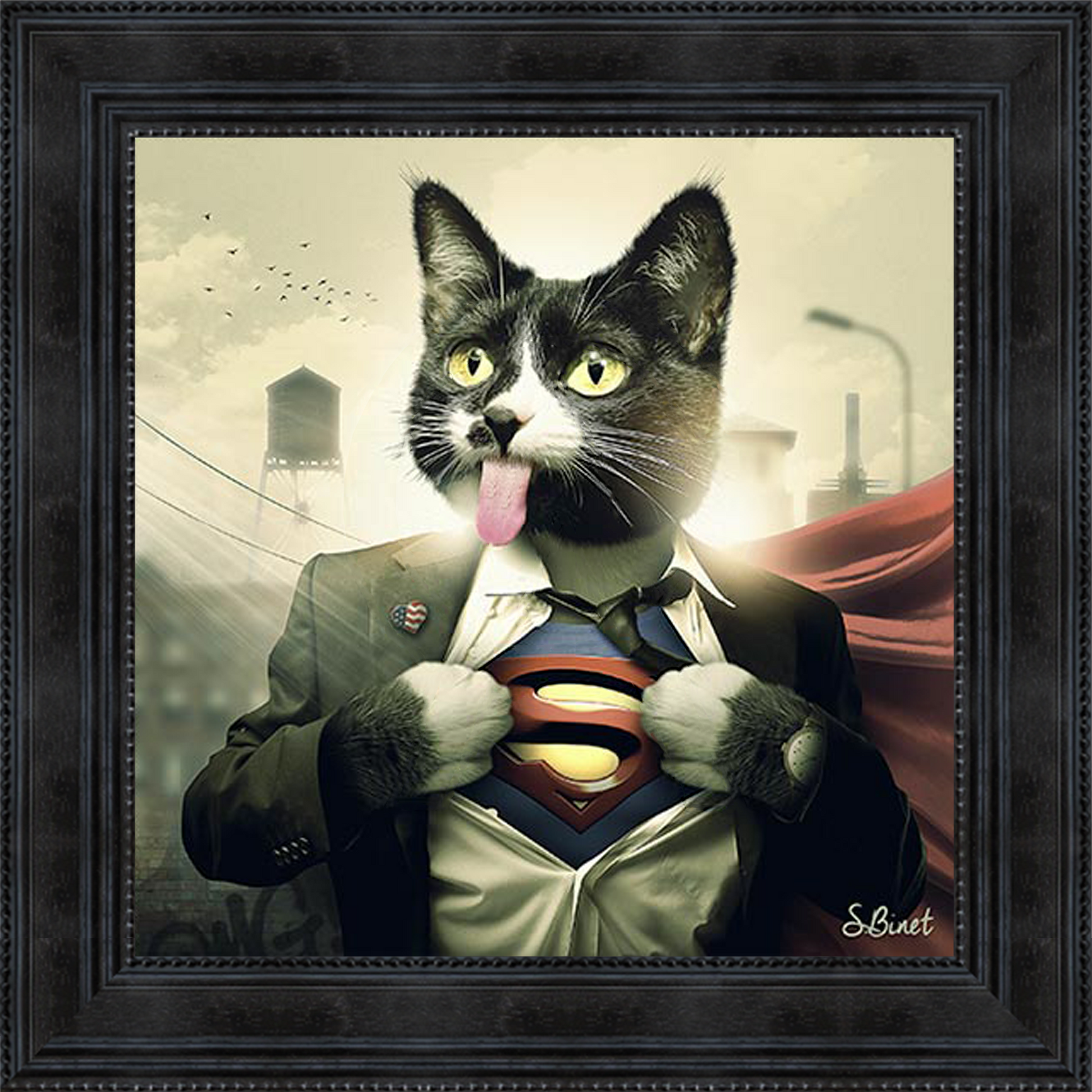 Supercat painting by Sylvain Binet featuring a heroic cat character in superhero attire, rendered in contemporary artistic style blending feline charm with comic book energy.